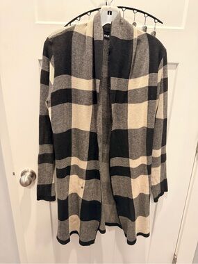 Domani Medium Black Cream Plaid Long Open Front Cardigan Sweater